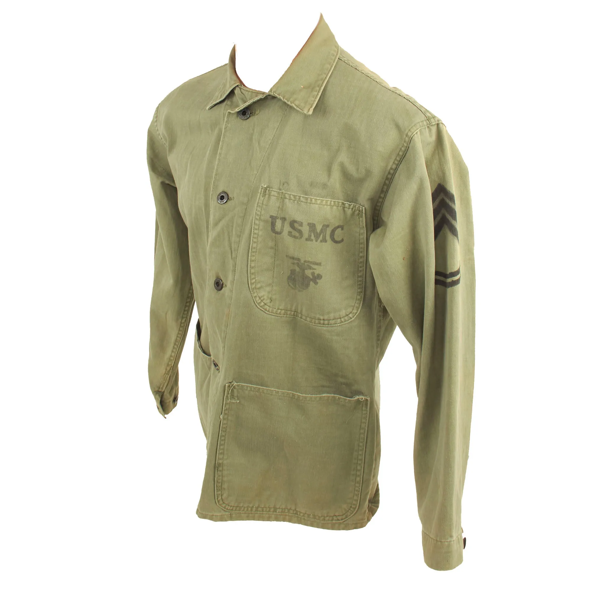 Original U.S. WWII Named USMC HBT Herringbone Twill P41 Combat Jacket With Gunnery Sergeant Chevrons