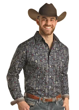 Panhandle Men's Aztec Navy Print Snap Shirt