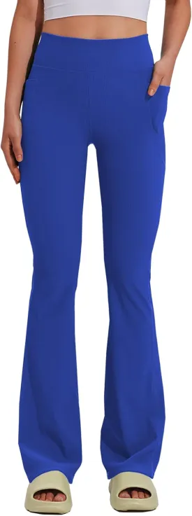 PINSPARK Womens Flare Yoga Pants Ribbed Bootcut Leggings High Waisted Flares Bottom Workouts Pants with Pockets