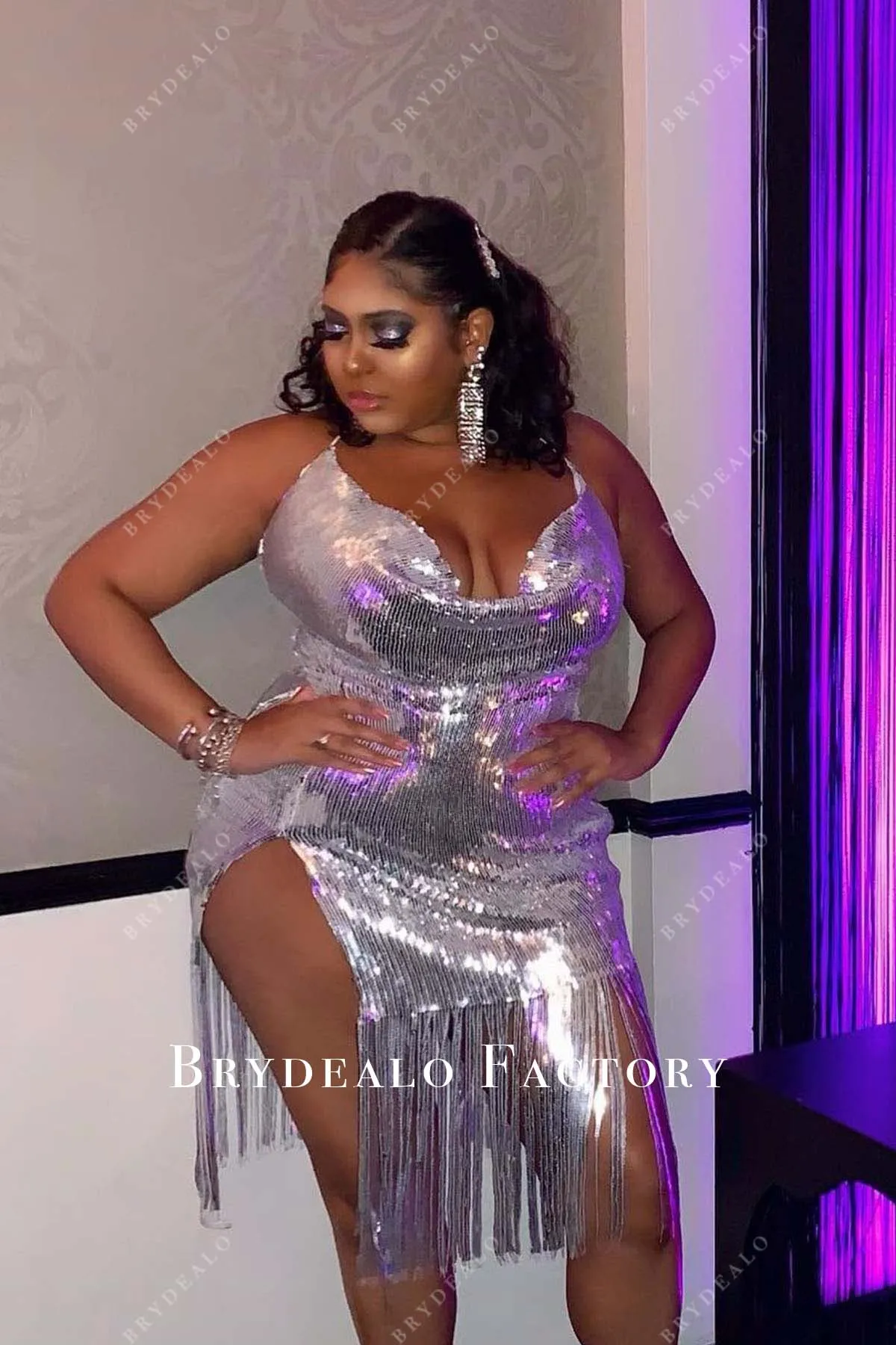 Plus Size Silver Sequined Cowl Neck Slit Tassels Prom Dress