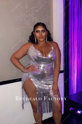 Plus Size Silver Sequined Cowl Neck Slit Tassels Prom Dress