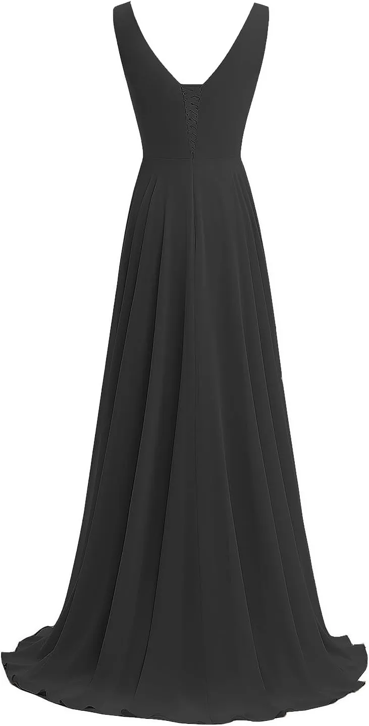 Raseal Chiffon V Neck Bridesmaid Dress with Slit Pleated Chiffon Ruffle Long A Line Formal Party Dress for Women RS078