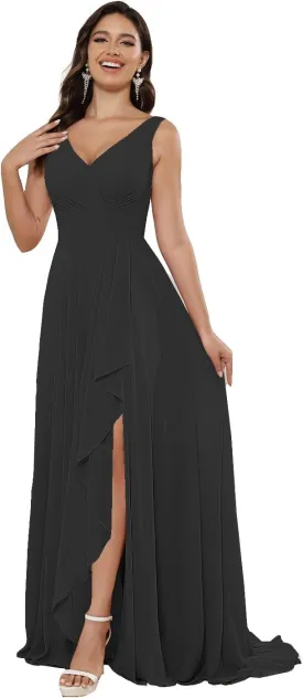 Raseal Chiffon V Neck Bridesmaid Dress with Slit Pleated Chiffon Ruffle Long A Line Formal Party Dress for Women RS078