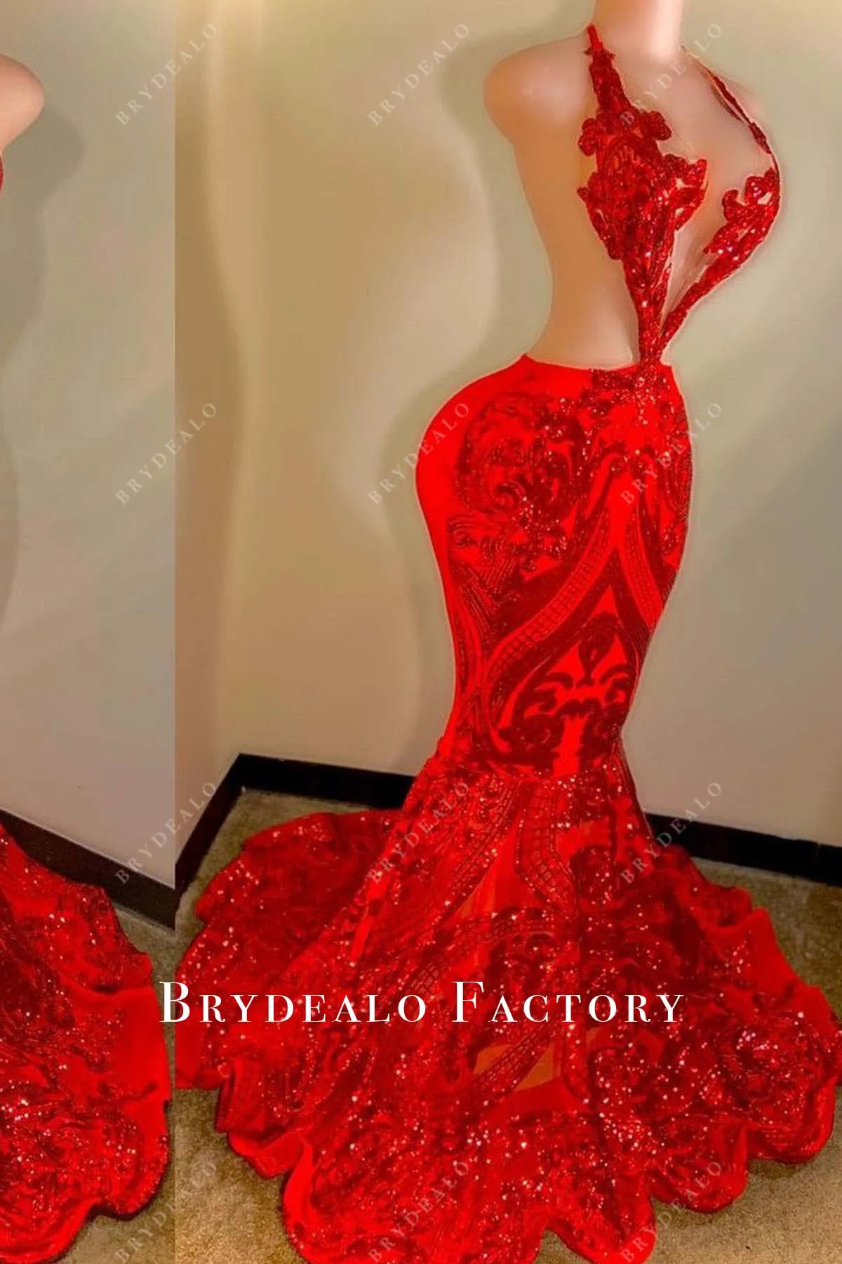 Red Halter Sequined Mermaid Horsehair Prom Dress