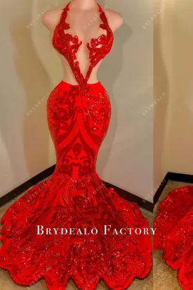 Red Halter Sequined Mermaid Horsehair Prom Dress