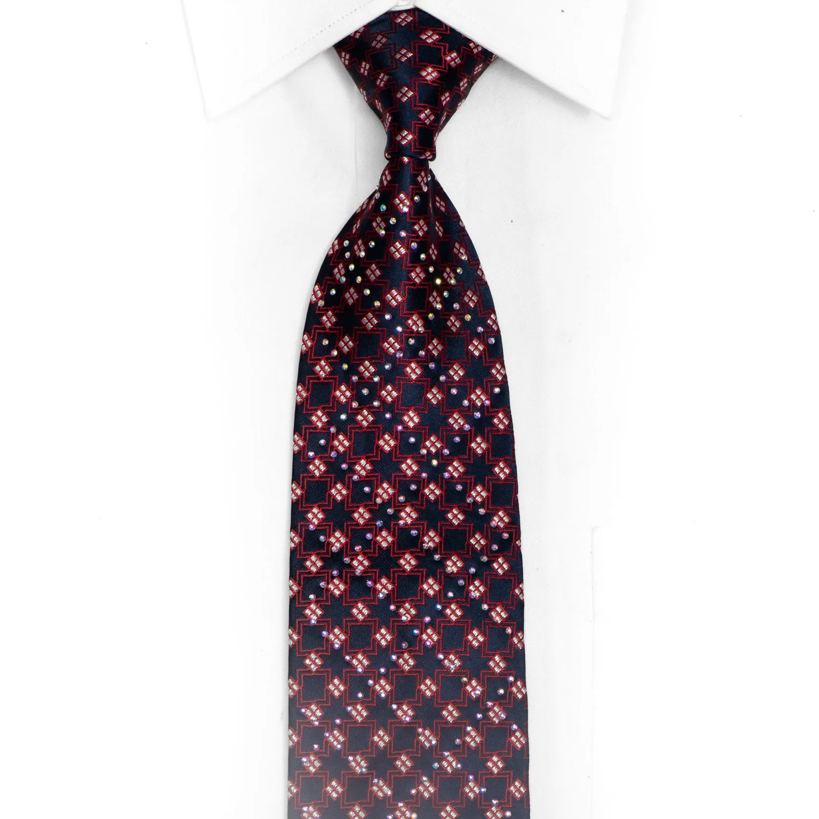 Red Trellis On Navy Rhinestone Necktie With Silver Sparkles