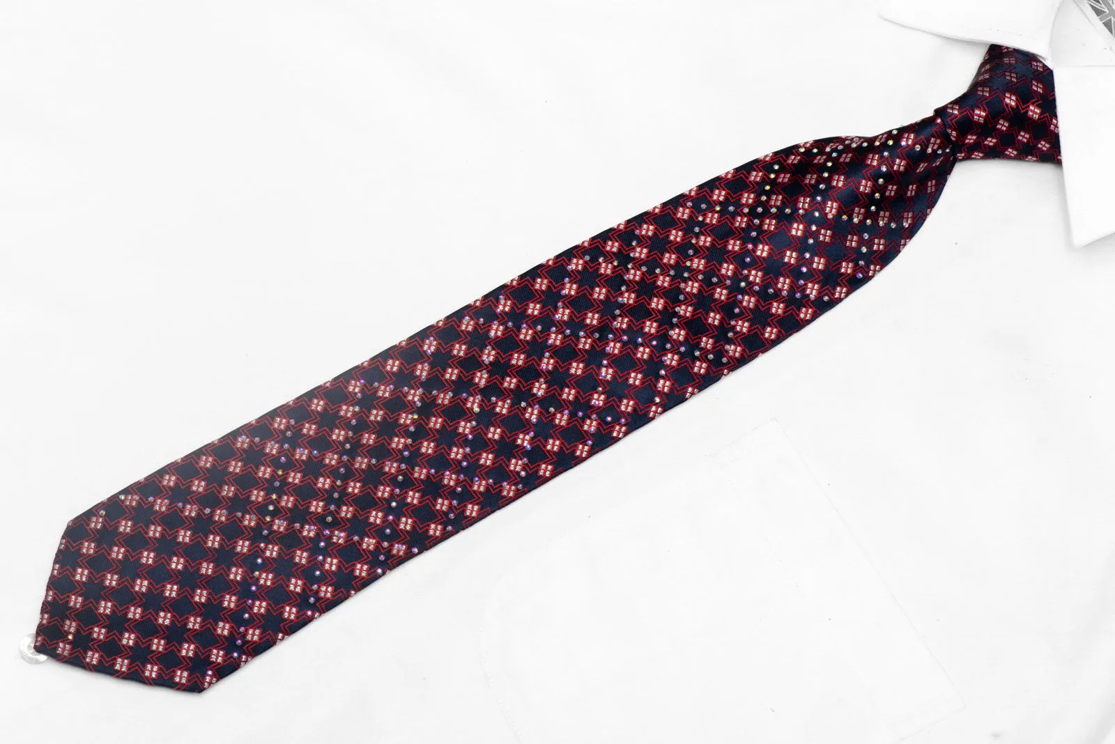 Red Trellis On Navy Rhinestone Necktie With Silver Sparkles