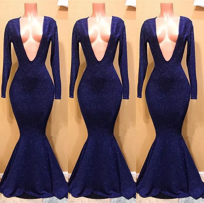 Sexy V-Neck Long Sleeve Prom Dresses | Mermaid Sequins Long Evening Gowns BC0885
