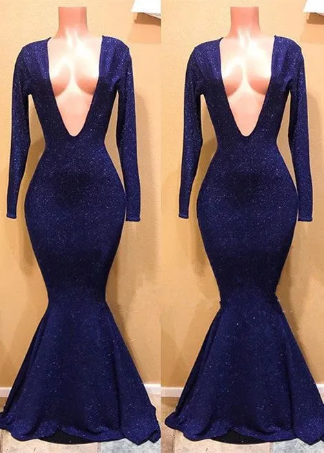 Sexy V-Neck Long Sleeve Prom Dresses | Mermaid Sequins Long Evening Gowns BC0885