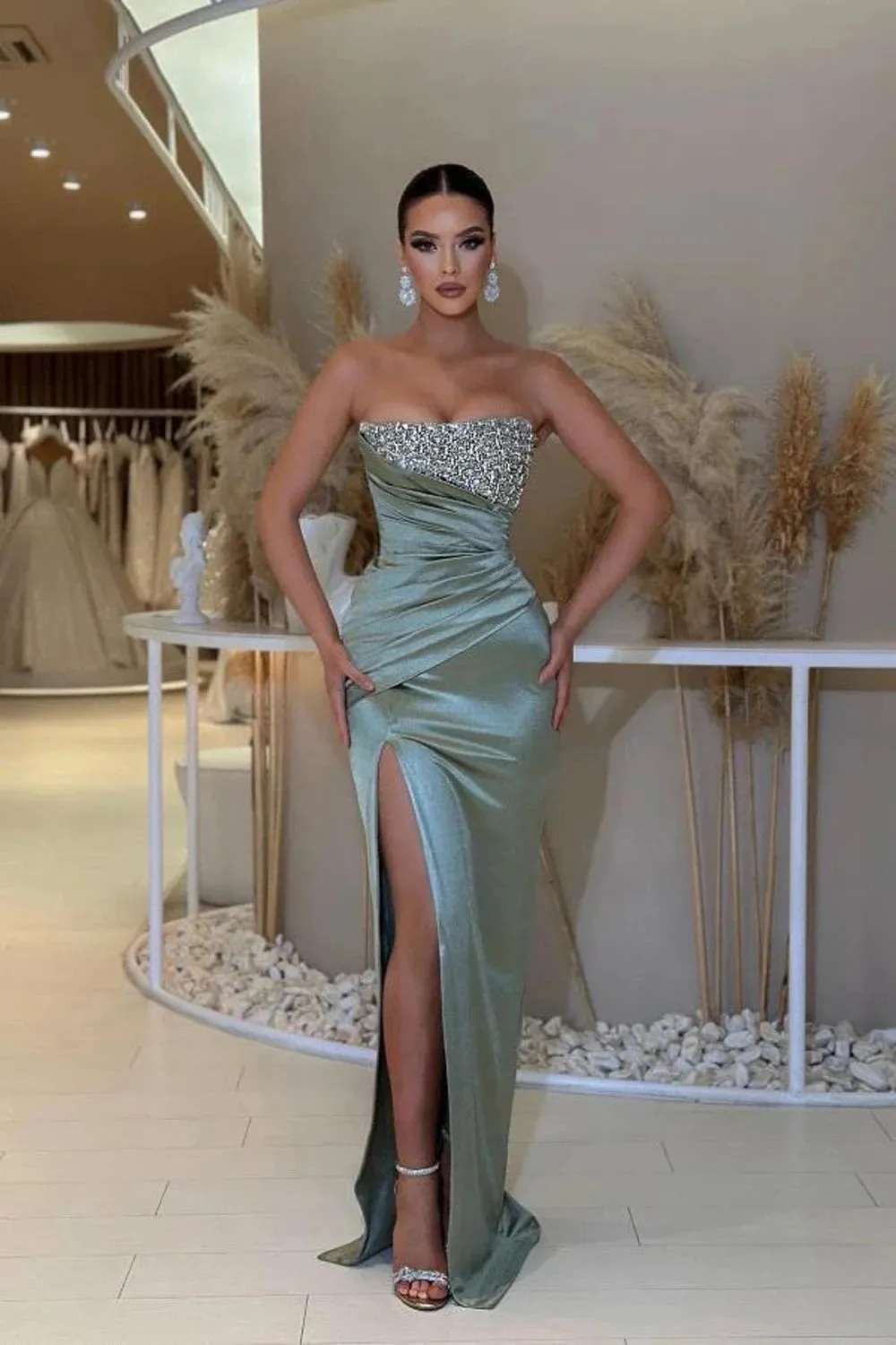 Simple Satin Prom Dress 2024 Sexy Evening Dresses Strapless High Split Backless Robes For Formal Party Sequin Vestidos De Gala