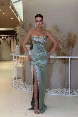 Simple Satin Prom Dress 2024 Sexy Evening Dresses Strapless High Split Backless Robes For Formal Party Sequin Vestidos De Gala