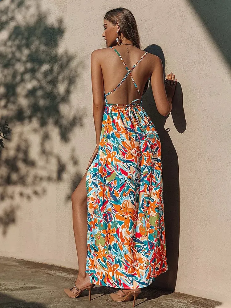 Spaghetti Strap Split Floral Boho Maxi Dress
