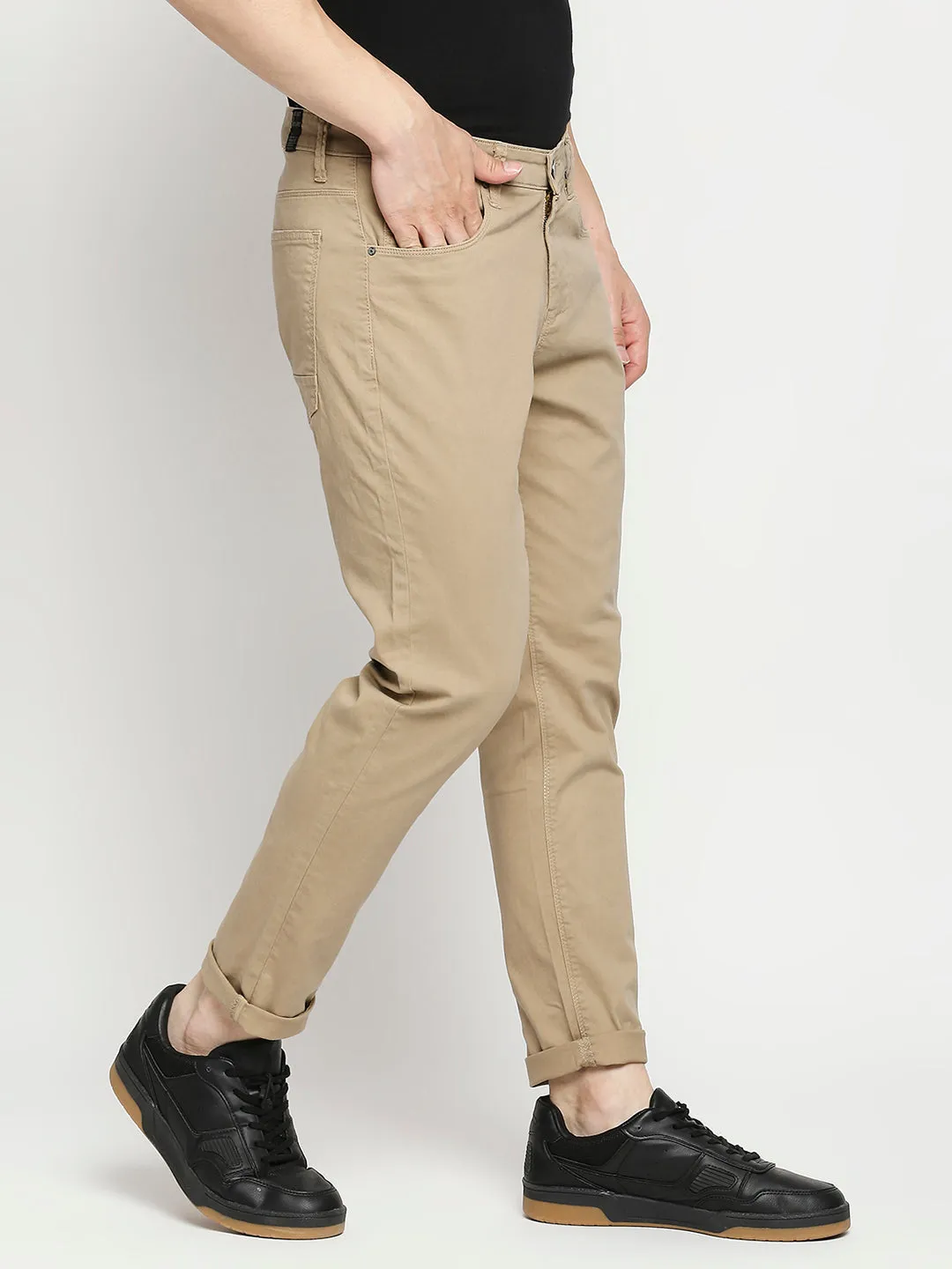 Spykar Camel Khaki Cotton Slim Fit Tapered Length Trousers For Men