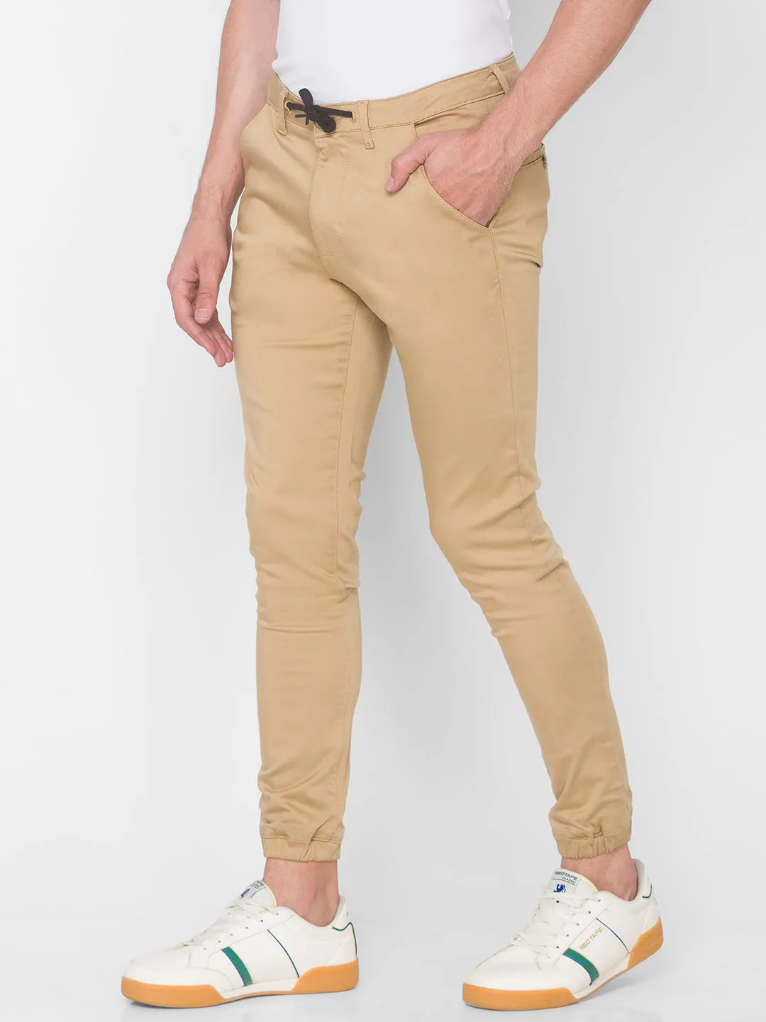 Spykar Men Beige Cotton Slim Fit Casual Trouser