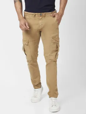 Spykar Men Camel Khaki Cotton Tapered Fit Ankle Length Mid Rise Cargo Pant