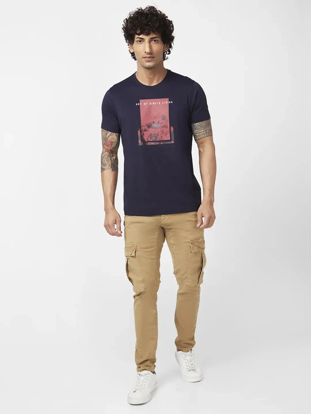 Spykar Men Camel Khaki Cotton Tapered Fit Ankle Length Mid Rise Cargo Pant