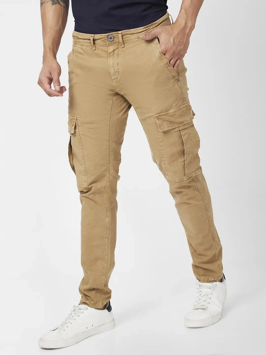 Spykar Men Camel Khaki Cotton Tapered Fit Ankle Length Mid Rise Cargo Pant