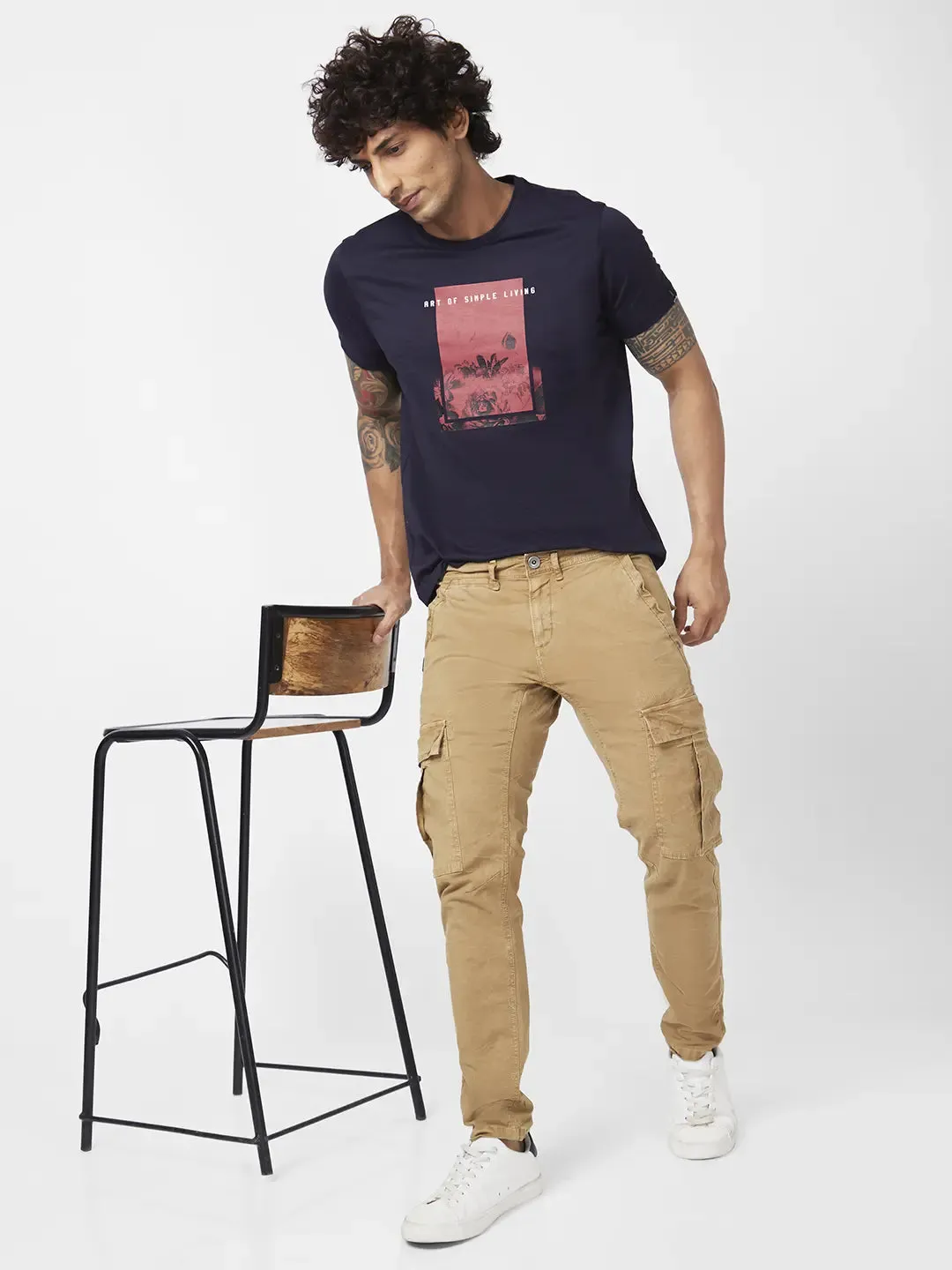 Spykar Men Camel Khaki Cotton Tapered Fit Ankle Length Mid Rise Cargo Pant