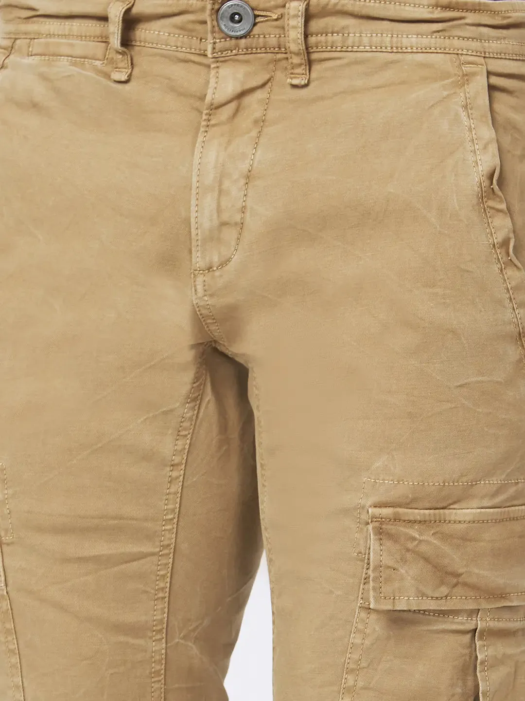 Spykar Men Camel Khaki Cotton Tapered Fit Ankle Length Mid Rise Cargo Pant