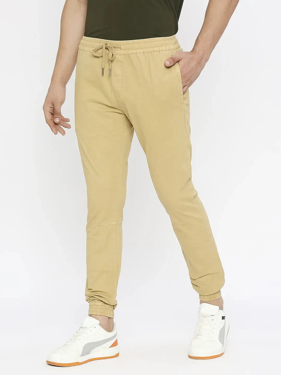 Spykar Men Camel Khaki Lycra Slim Fit Ankle Length Plain Trousers