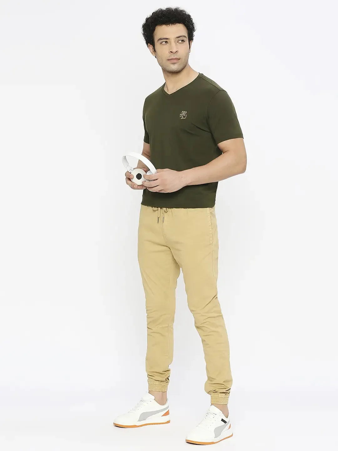 Spykar Men Camel Khaki Lycra Slim Fit Ankle Length Plain Trousers