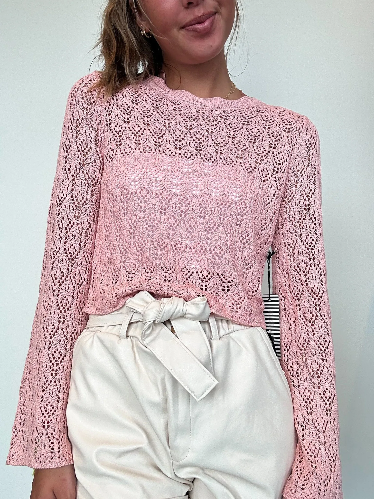 Summer Knit Cropped Long Sleeve- Blush