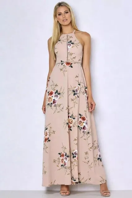 Summer Women Beach Long Dress Sleeveless Halter Floral Print Retro Backless Bohemian Maxi Dresses