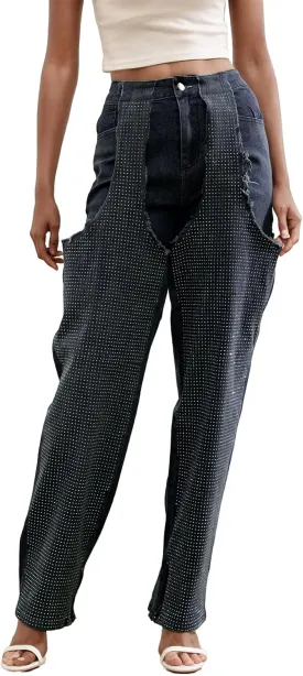 Tbahhir Women's Baggy Ripped Denim Jeans High Waisted Patchwork Boyfriend Wide Leg Distressed Stretchy Pants Y2K Streetwear
