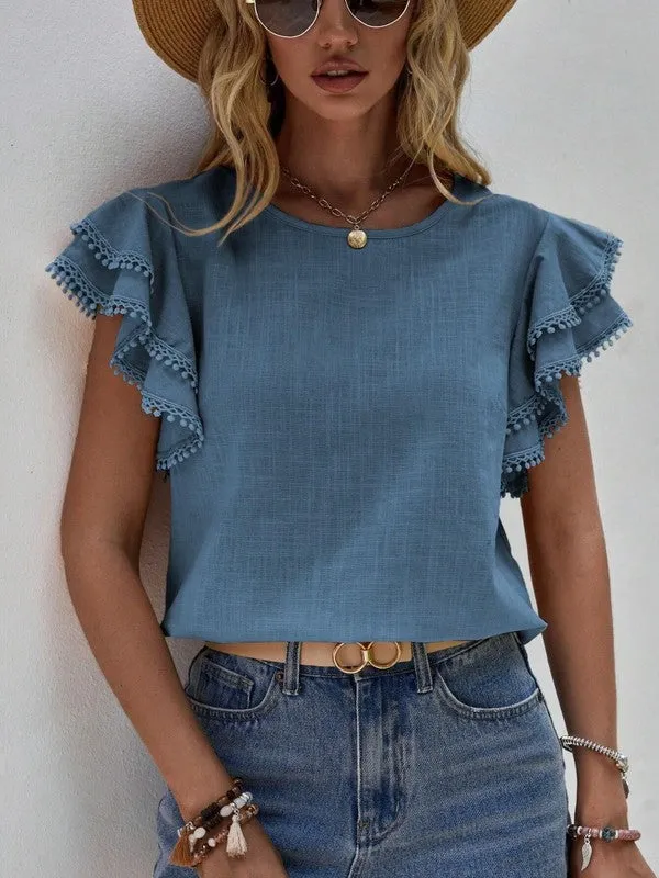 TEEK - Denise Ruffle Cap Sleeve Tassel Top