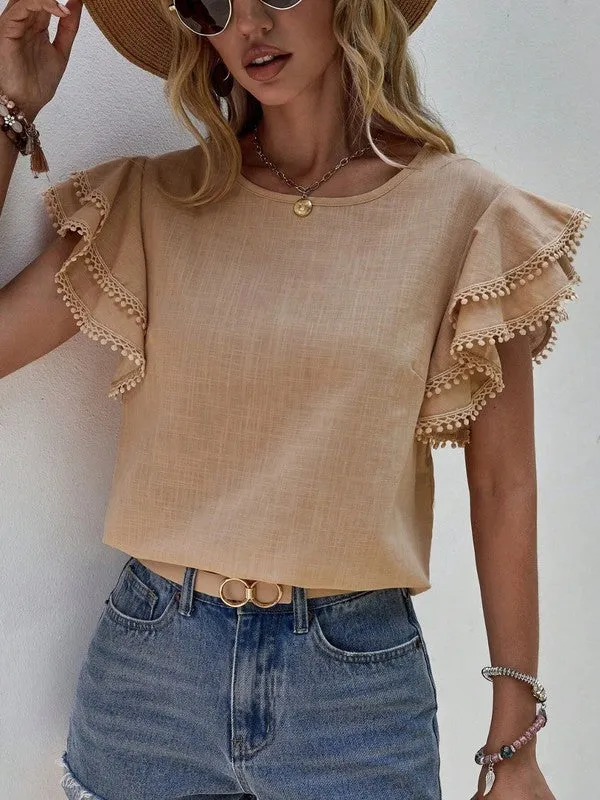 TEEK - Denise Ruffle Cap Sleeve Tassel Top