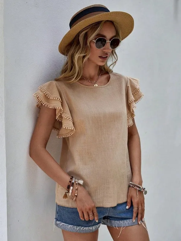 TEEK - Denise Ruffle Cap Sleeve Tassel Top