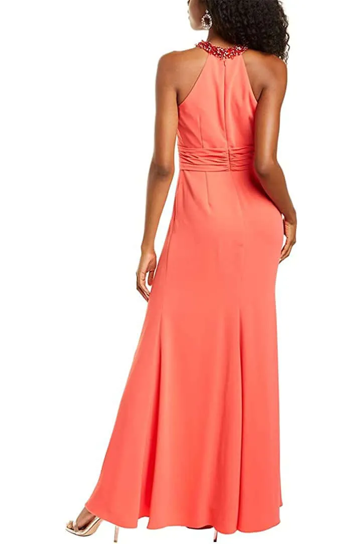 Theia Embellished Halter Neck Zipper Back Solid Crepe Gown