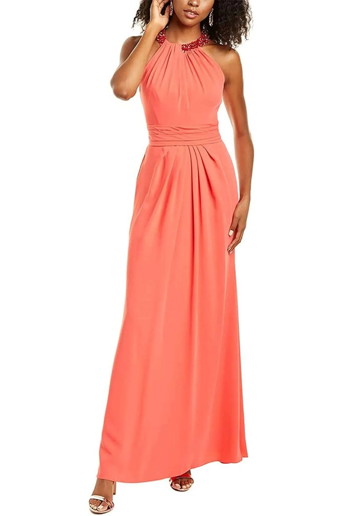 Theia Embellished Halter Neck Zipper Back Solid Crepe Gown