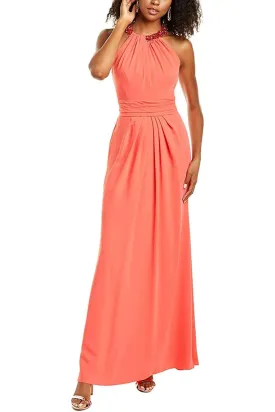 Theia Embellished Halter Neck Zipper Back Solid Crepe Gown