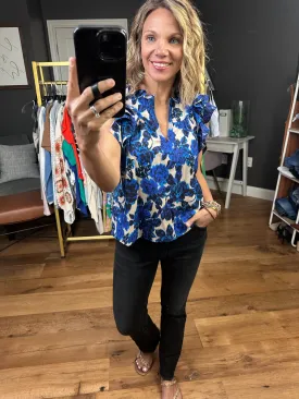 To The Point Floral Top With Ruffle Sleeve Detail - Blue