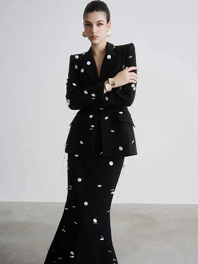Trend4us Women's Embellished Blazer and Mermaid Skirt Set