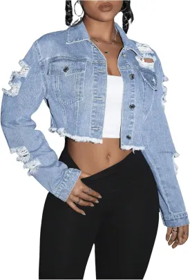 WDIRARA Women's Distressed Button Down Denim Jacket Raw Hem Y2k Cropped Jean Jackets