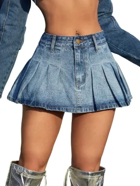 WDIRARA Women's Low Waist Button Pleated Skater A Line Mini Denim Skirt Skirts