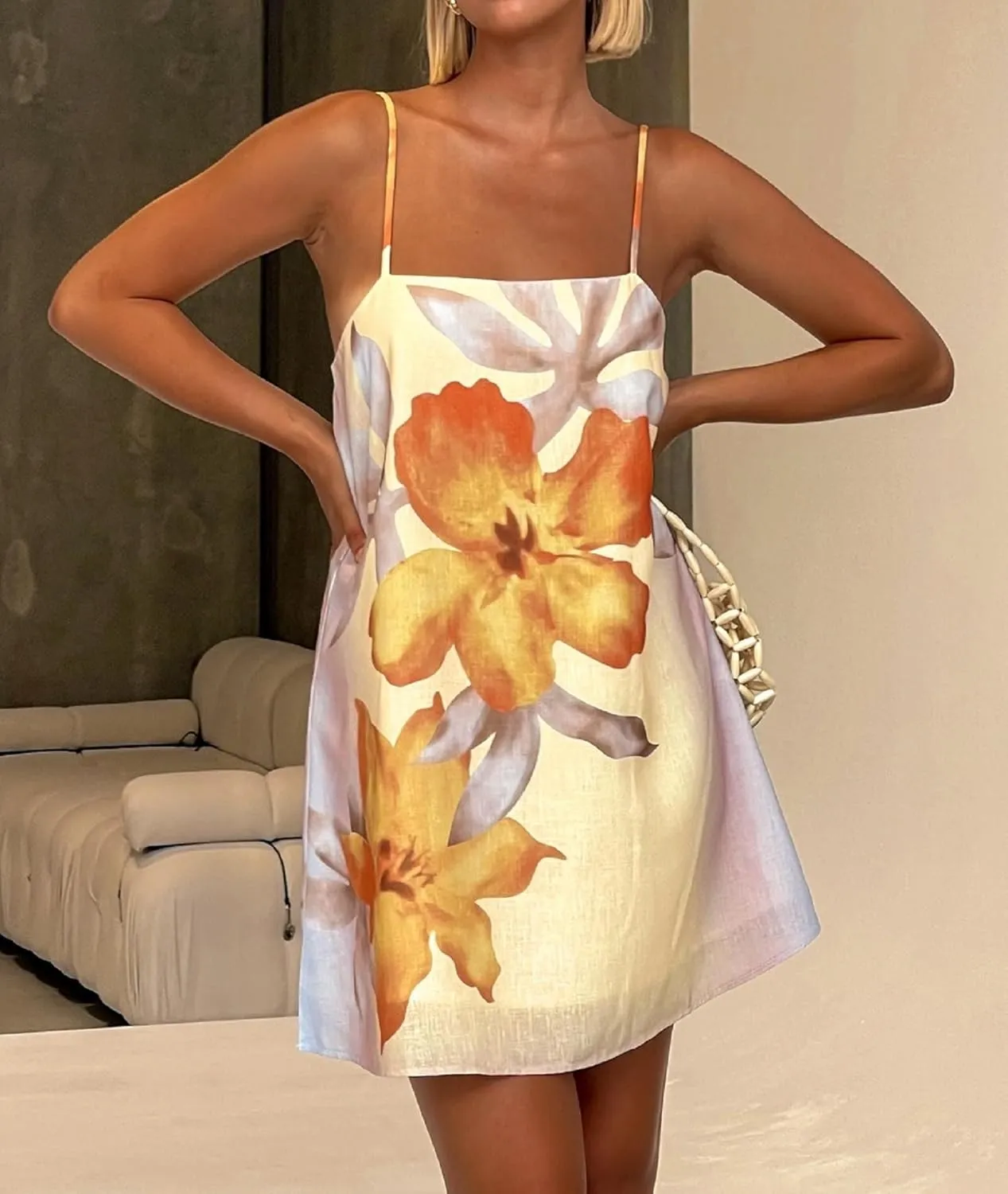 Women Boho Floral Short Dress Graffiti Backless Babydoll Dress Flowy Mini Cami Dresses Summer Holiday Sundress