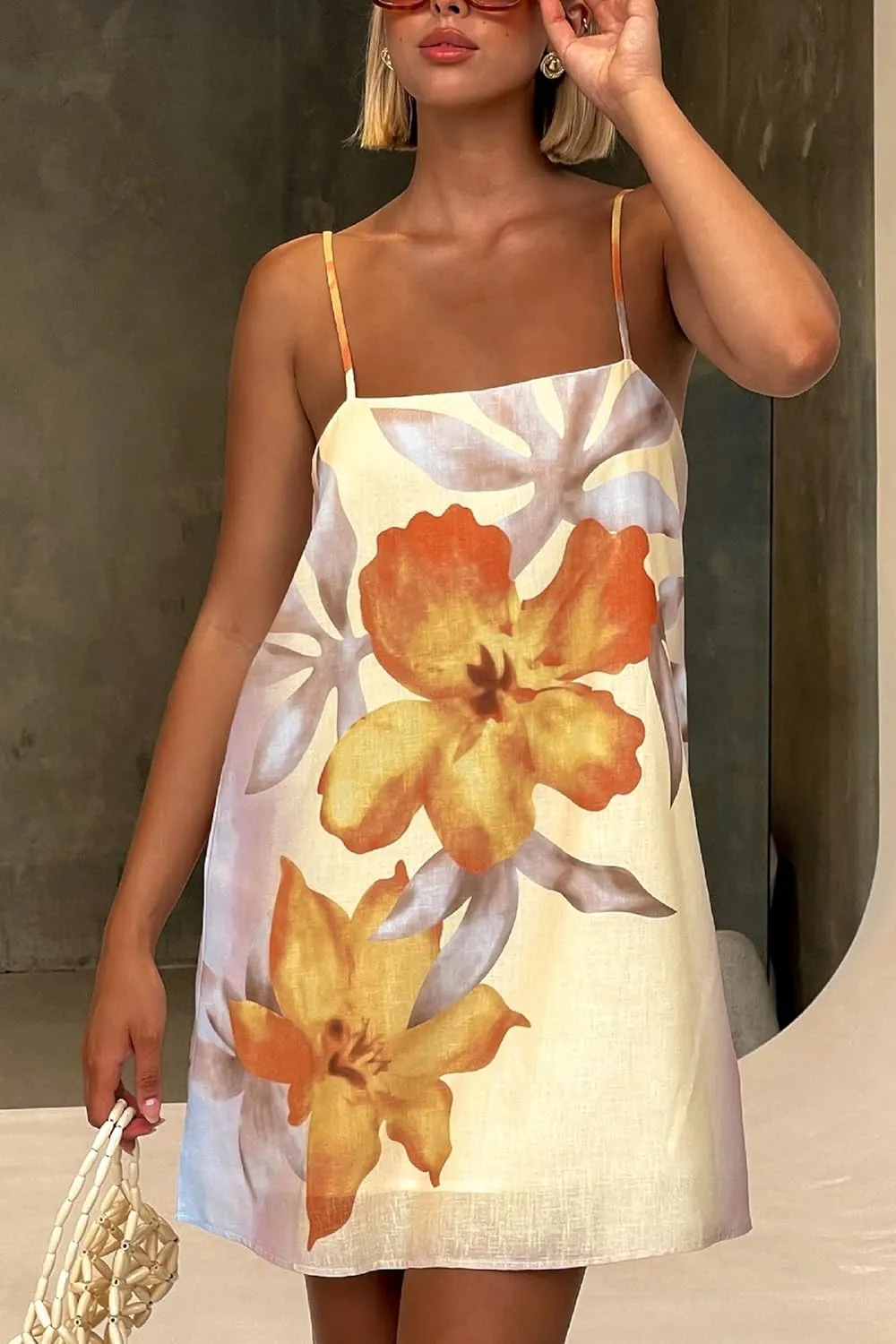 Women Boho Floral Short Dress Graffiti Backless Babydoll Dress Flowy Mini Cami Dresses Summer Holiday Sundress