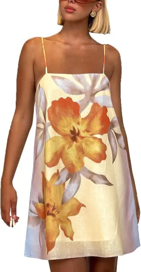 Women Boho Floral Short Dress Graffiti Backless Babydoll Dress Flowy Mini Cami Dresses Summer Holiday Sundress
