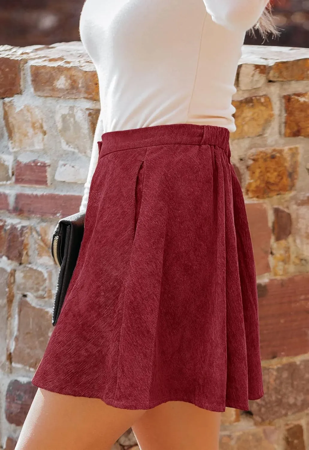 Womens Button Front Mini Skirt A-line Pleated Corduroy Skater Skirts for Women with Pocket
