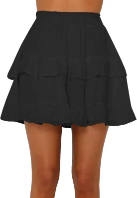 Women's Pleated Ruffles Flared Skirt Casual Boho Tiered Flowy Basic Casual High Waisted Mini Skater Skirts