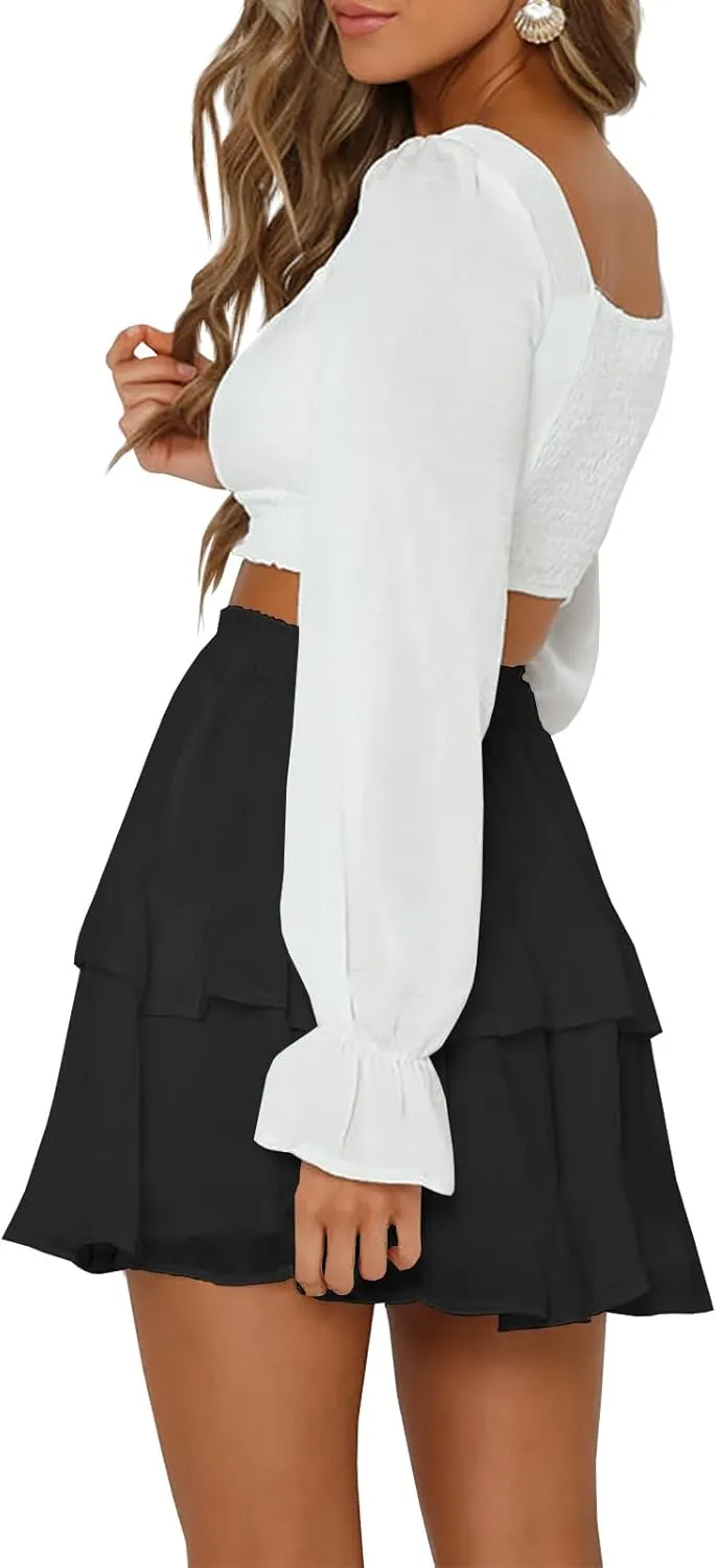 Women's Pleated Ruffles Flared Skirt Casual Boho Tiered Flowy Basic Casual High Waisted Mini Skater Skirts