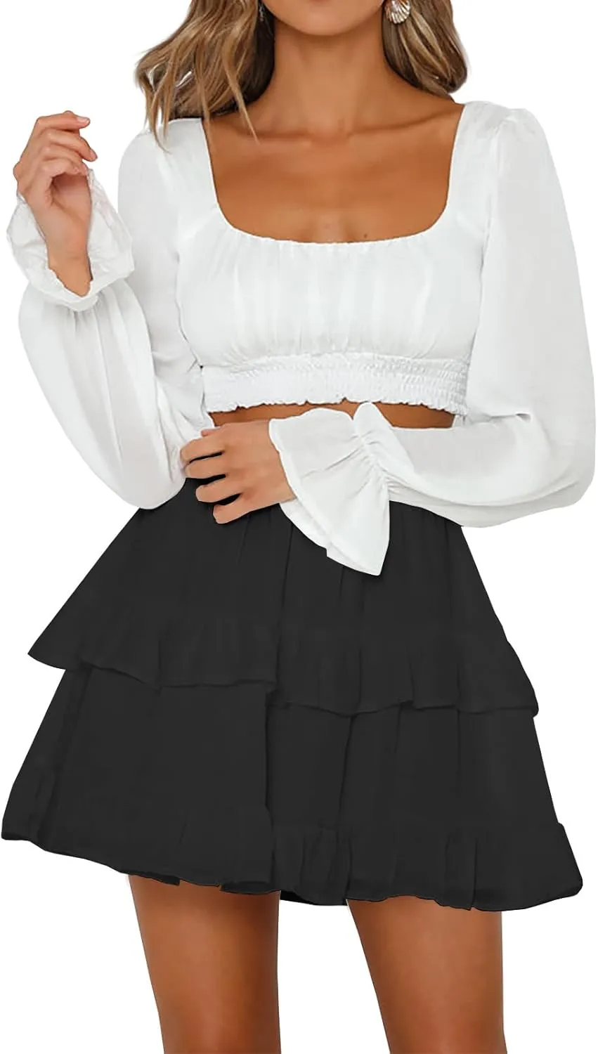 Women's Pleated Ruffles Flared Skirt Casual Boho Tiered Flowy Basic Casual High Waisted Mini Skater Skirts