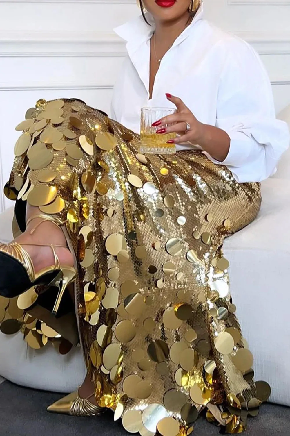 Women's Sequin Gold & Silver Fashion Designer 5XL Midi Skirts (Plus Size)