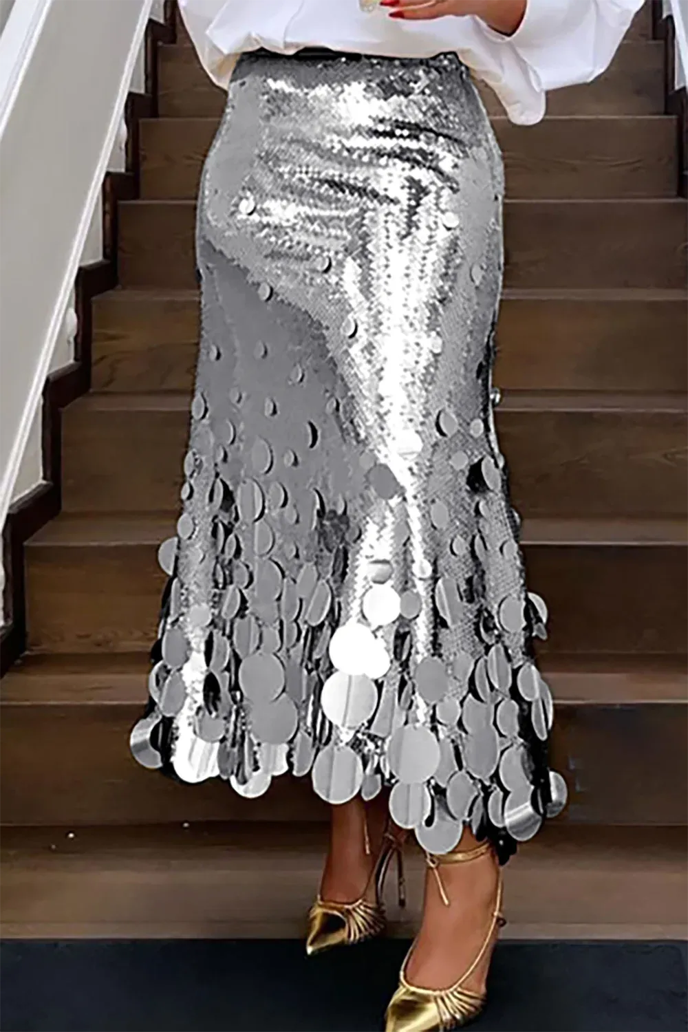 Women's Sequin Gold & Silver Fashion Designer 5XL Midi Skirts (Plus Size)