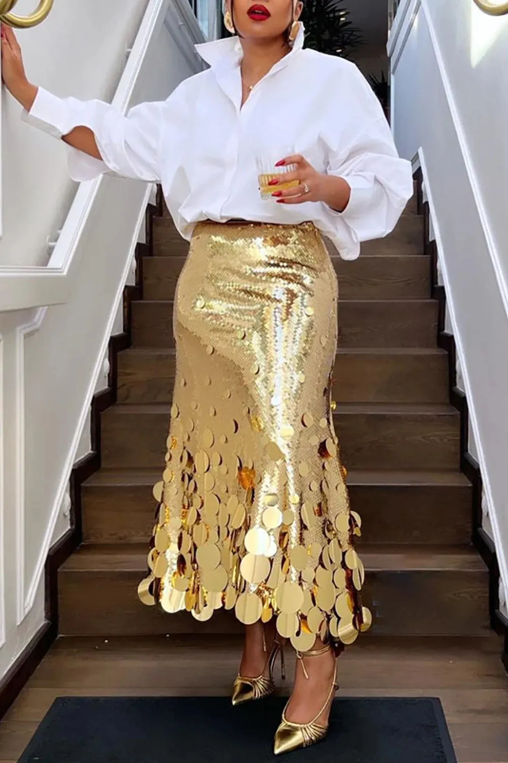 Women's Sequin Gold & Silver Fashion Designer 5XL Midi Skirts (Plus Size)