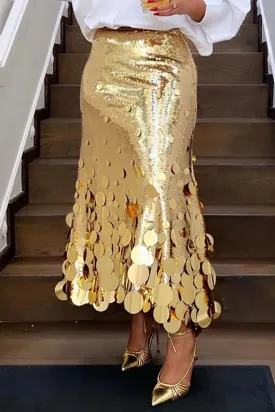 Women's Sequin Gold & Silver Fashion Designer 5XL Midi Skirts (Plus Size)