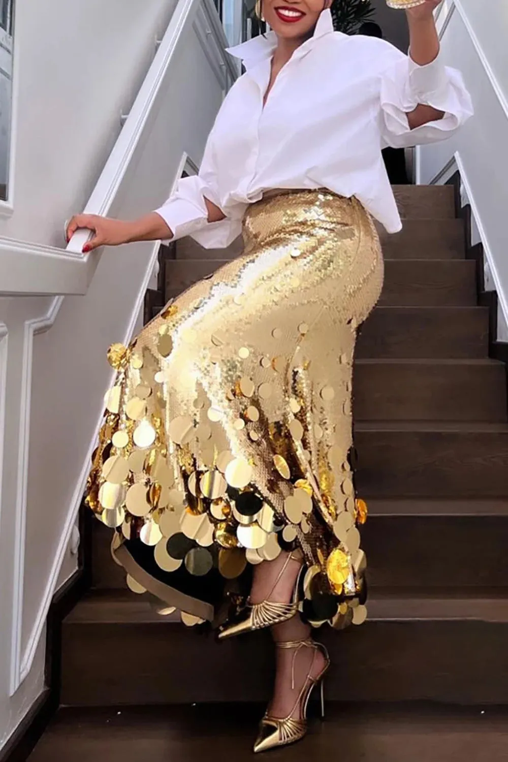 Women's Sequin Gold & Silver Fashion Designer 5XL Midi Skirts (Plus Size)